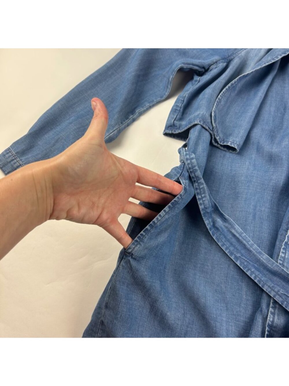 Cloth & Stone Blue Denim Tencel Belted Midi Summer Trench Coat M - Picture 3 of 9